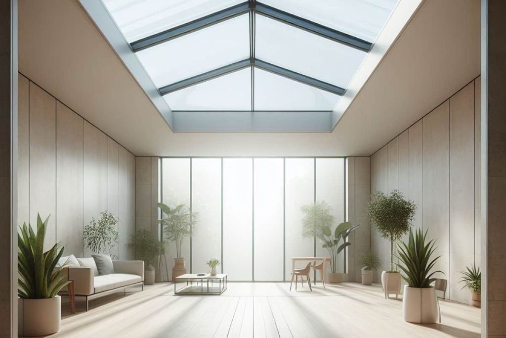 سقف شیشه ای اسکای لایت تابش نور خورشید را درون خانه منعکس کرده است